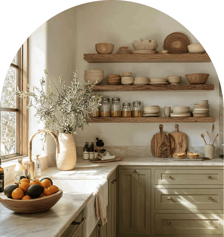 Cozy kitchen with wooden shelves and natural decor.