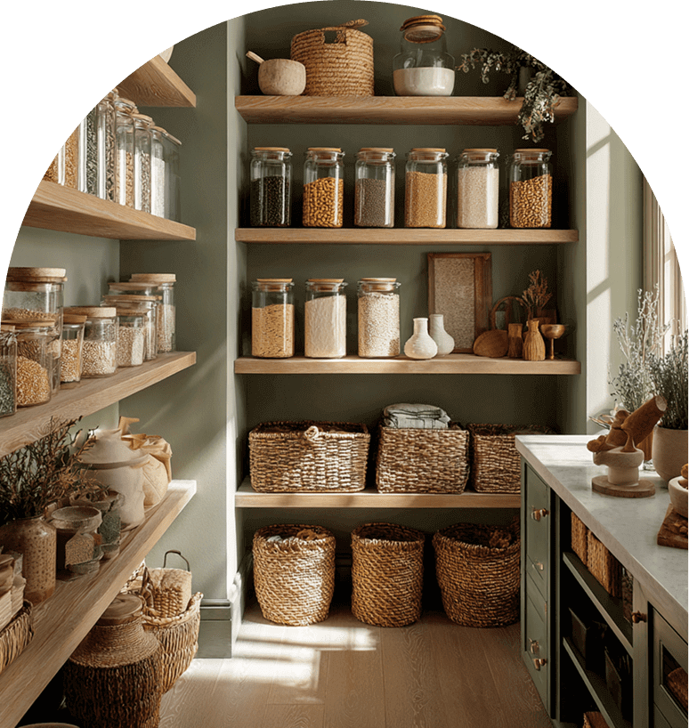 Cozy pantry with organized jars and baskets on wooden shelves.