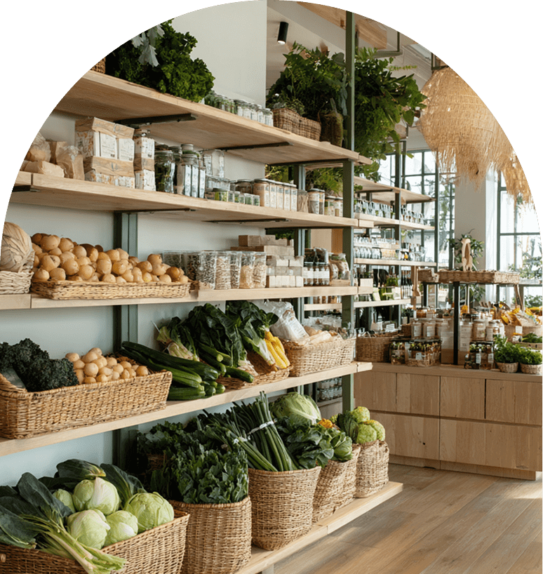 A bright grocery store with fresh vegetables on shelves and baskets.