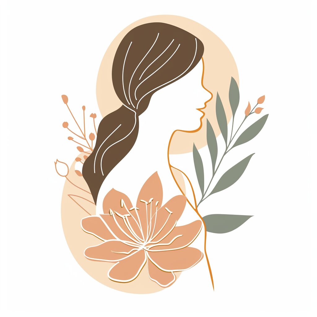 Stylized illustration of a woman with floral elements and soft earthy tones.