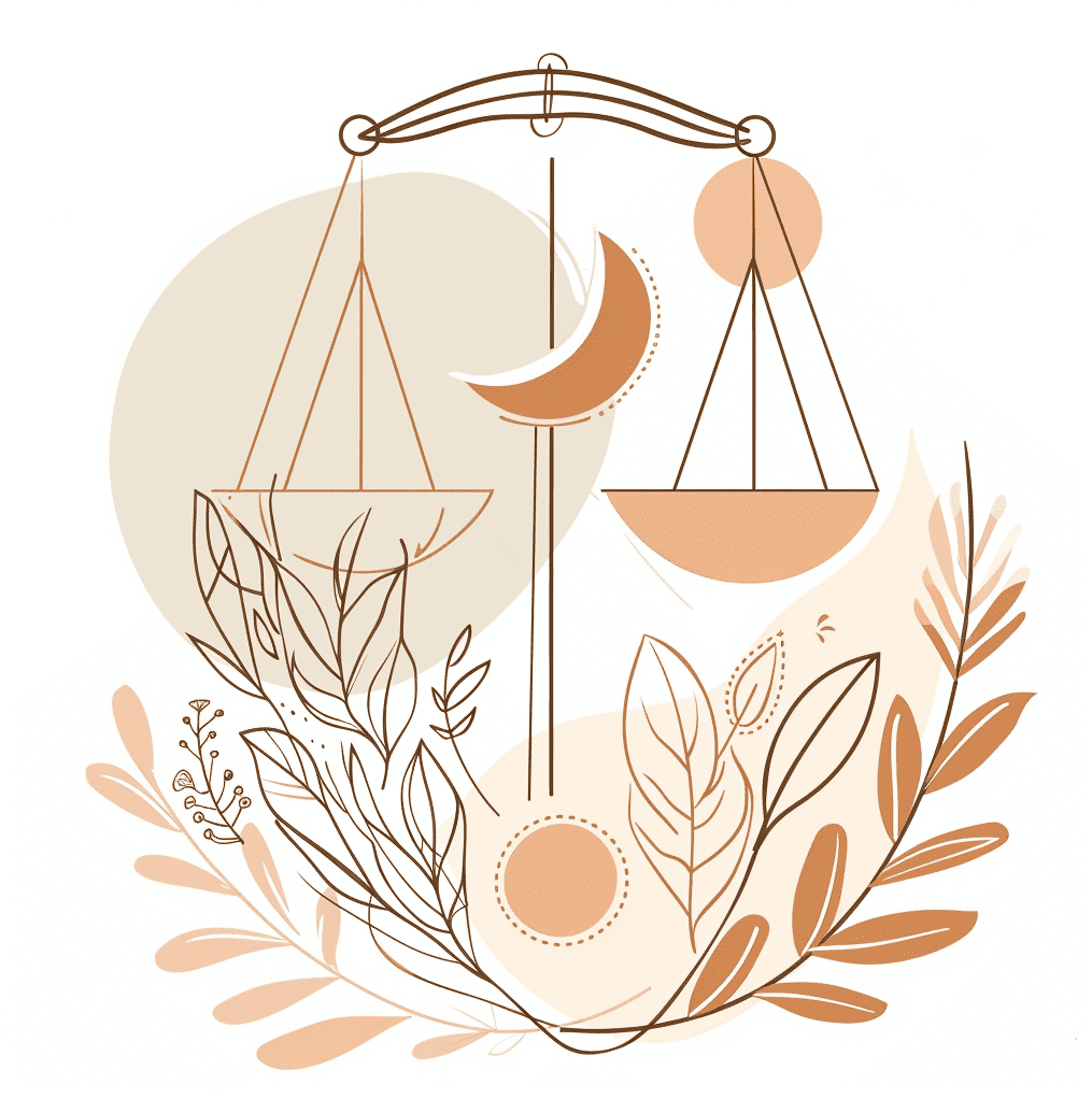 Stylized scales of justice with natural elements in warm tones.