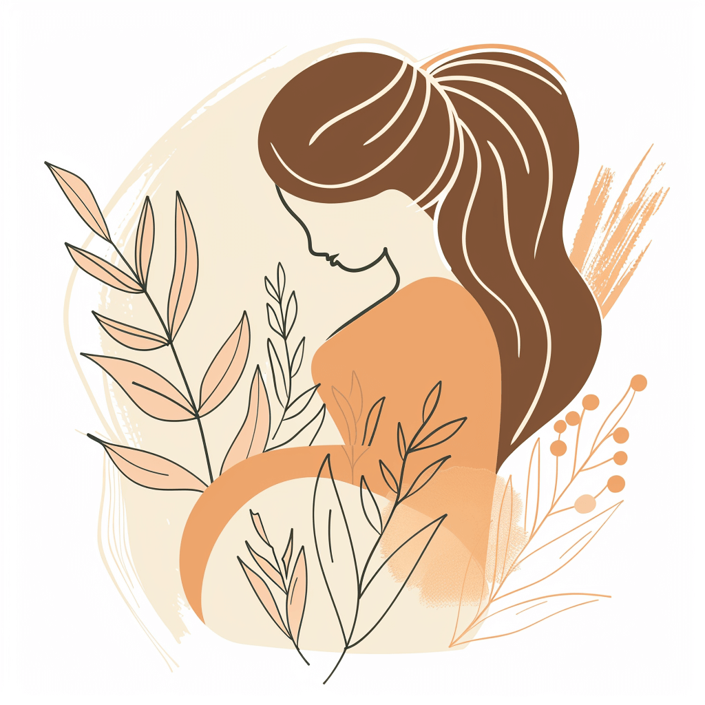 Illustration of a woman with flowing hair surrounded by plants and soft earth tones.