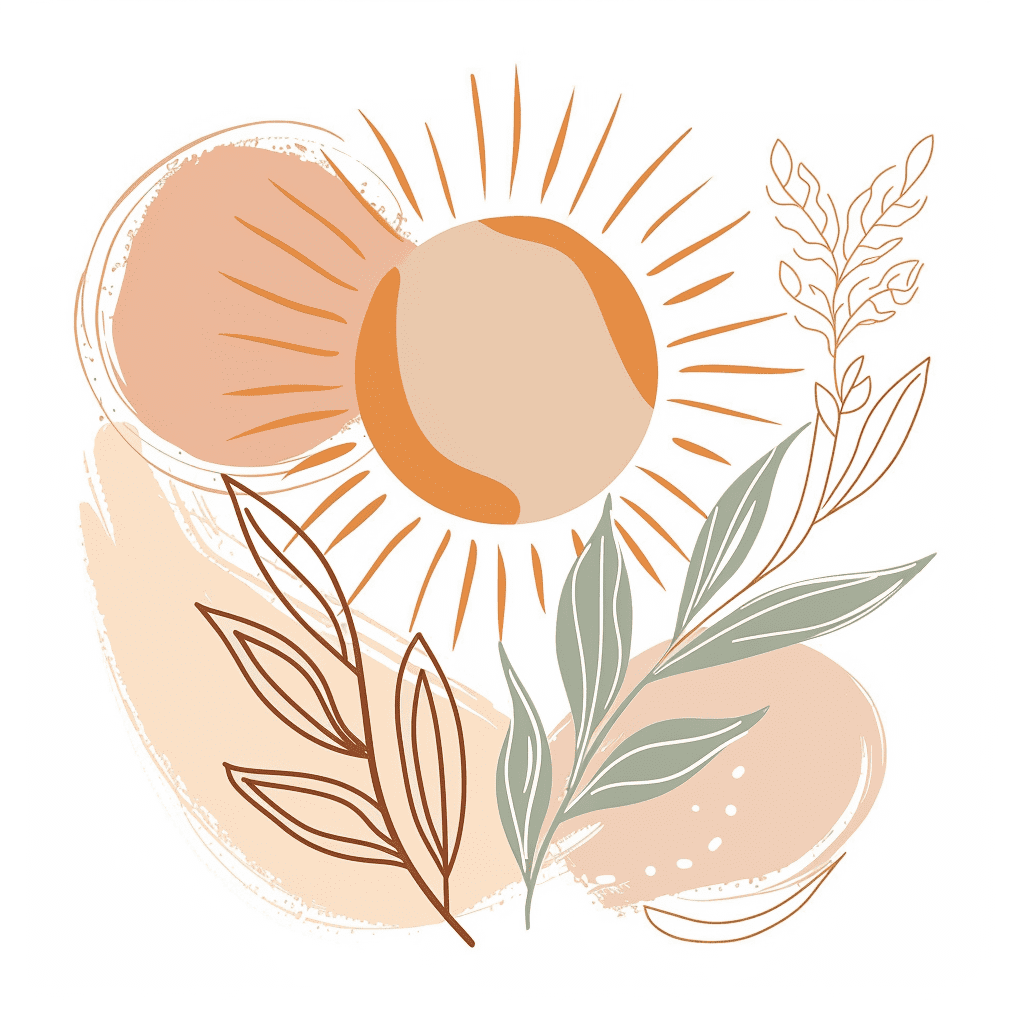 Abstract sun with leaves in warm earthy tones.